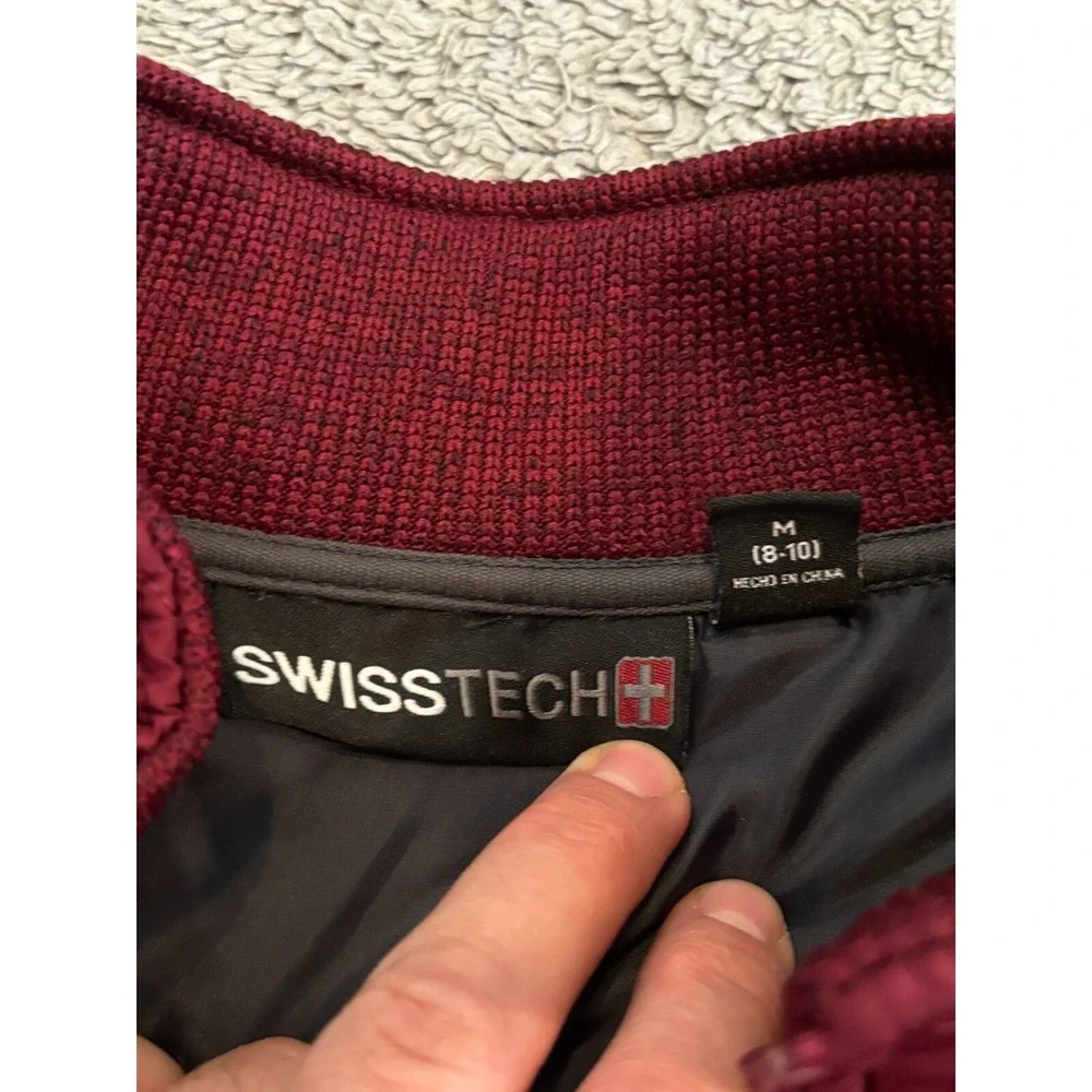 Swiss Tech Jacket Girls Medium Maroon Full Zip Knit Quilted Pockets Fitted